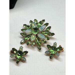 1950s Beau SIGNED Green Rhinestone & Green Moonstone Brooch & Earrings PERFECT!